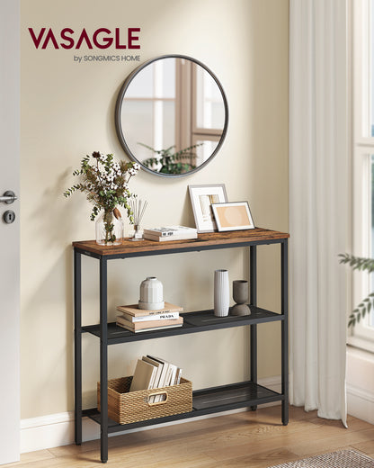 VASAGLE Console Table, Entryway Table, One Piece Top, Easy Assembly, 3 Tier, 9.4 x 31.5 x 32 Inches, Rustic Brown and Ink Black