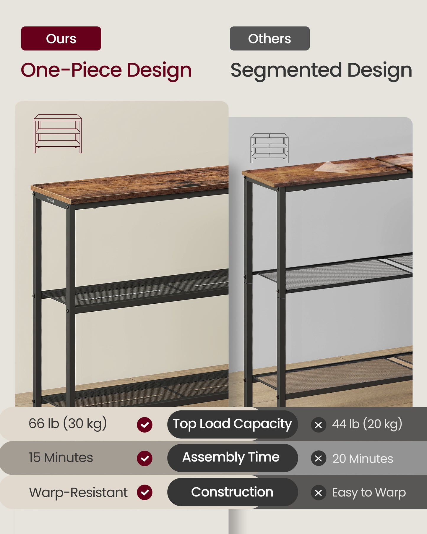 VASAGLE Console Table, Entryway Table, One Piece Top, Easy Assembly, 3 Tier, 9.4 x 31.5 x 32 Inches, Rustic Brown and Ink Black