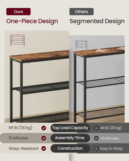 VASAGLE Console Table, Entryway Table, One Piece Top, Easy Assembly, 3 Tier, 9.4 x 31.5 x 32 Inches, Rustic Brown and Ink Black