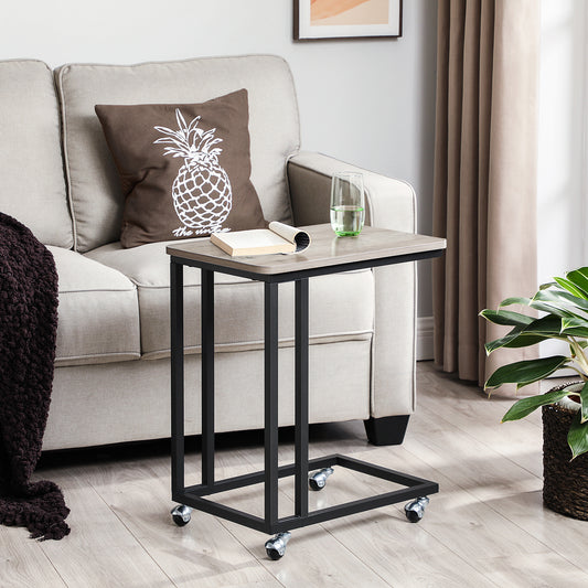 C-Shaped End Table with Metal Frame, Rolling Casters, Industrial Side Table for Living Room & Bedroom, 19.7 x 13.8 x 23.6 Inches, Greige & Black