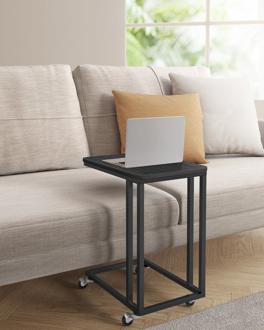 End Table, C Shaped TV Tray with Metal Frame Rolling Casters for Coffee Laptop Mobile Tablet, Industrial Side Table for Living Room Bedroom, 19.7 x 13.8 x 23.6 Inches, Ebony Black