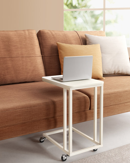 End Table, C Shaped TV Tray with Metal Frame Rolling Casters for Coffee Laptop Mobile Tablet, Industrial Side Table for Living Room Bedroom, 19.7 x 13.8 x 23.6 Inches, Cream White