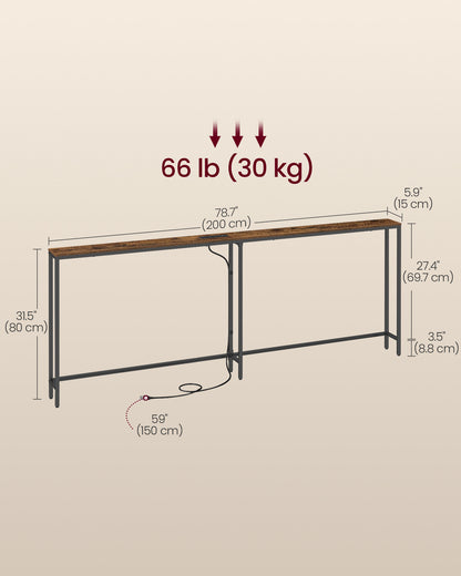 VASAGLE Narrow Console Table with Power Outlet, Behind Couch Sofa Tables, Easy Assembly, for Entryway, Living Room, 5.9 x 78.7 x 31.5 inches, Rustic Brown and Ink Black , BARNET Collection