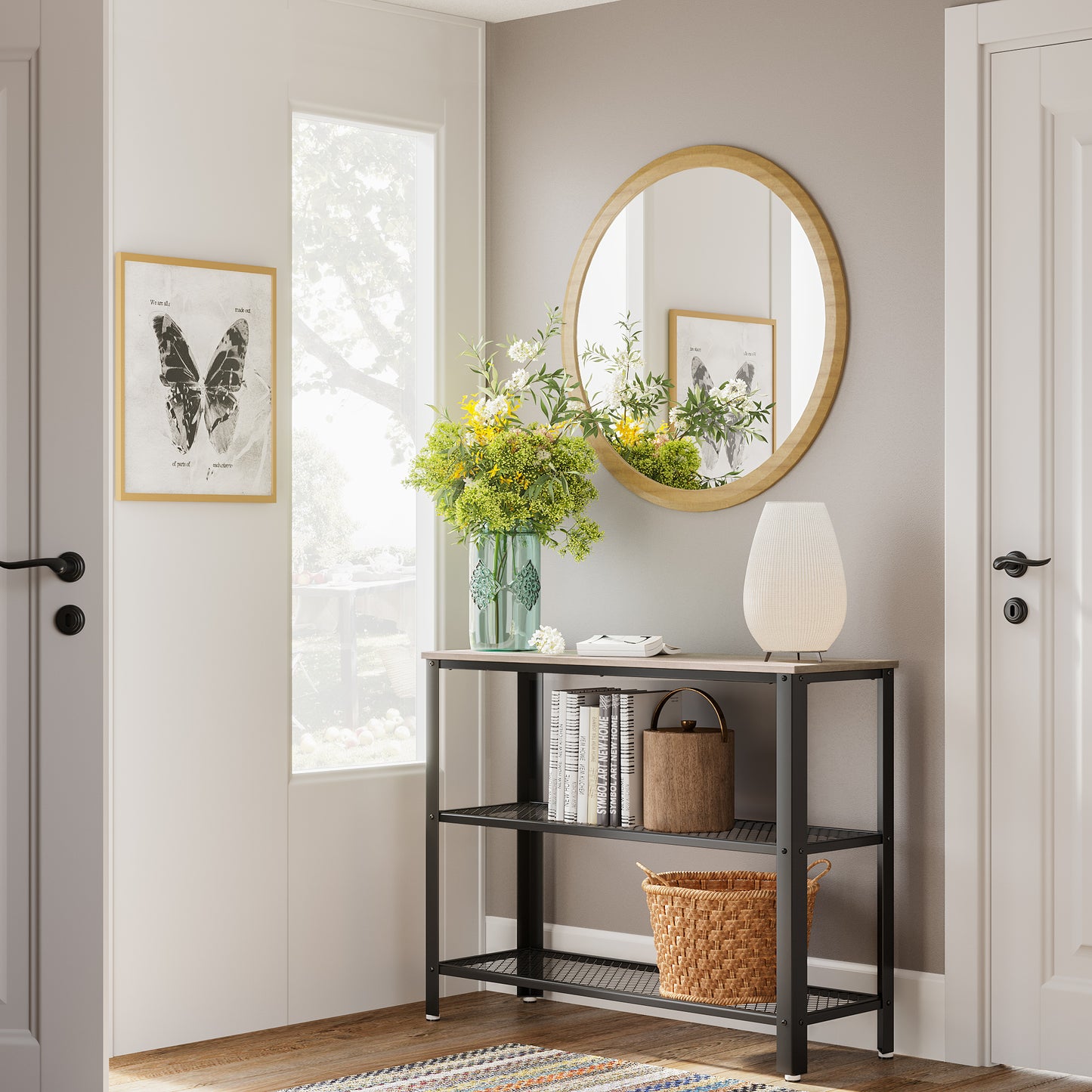 VASAGLE Industrial Console Table, Hallway Table with 2 Mesh Shelves,Greige and Black