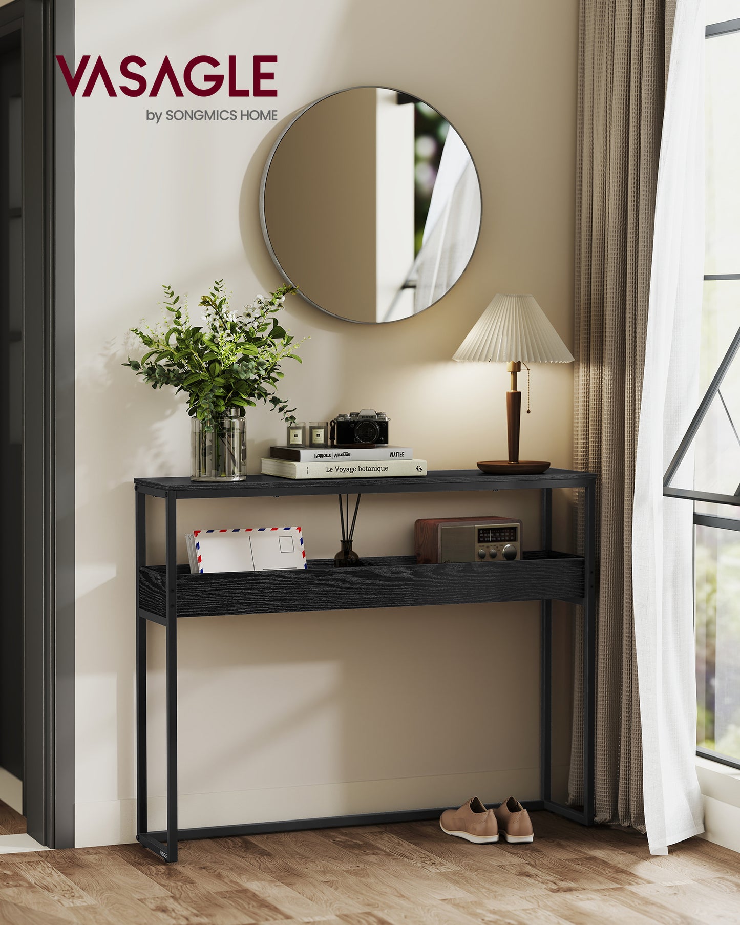 2-Tier Narrow Console Table, 39.4 Inch Entryway Table with Semi-Open Compartments & Adjustable Feet, for Hallway Living Room, Ebony Black
