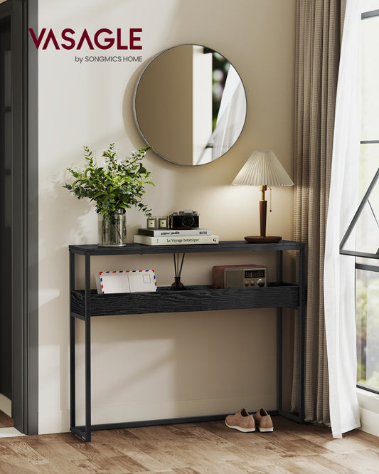 2-Tier Narrow Console Table, 39.4 Inch Entryway Table with Semi-Open Compartments & Adjustable Feet, for Hallway Living Room, Ebony Black