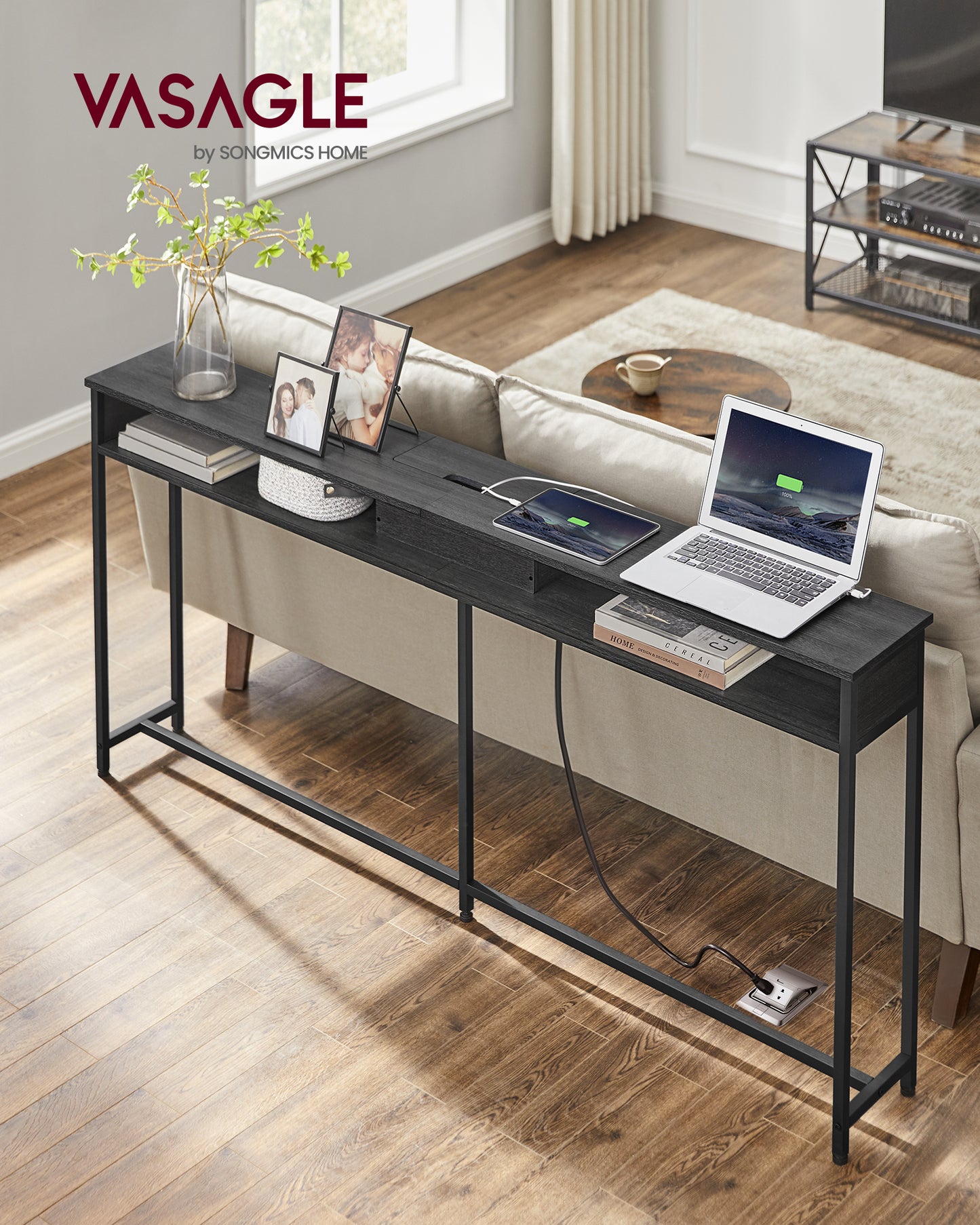 55.1" Skinny Console Table in Charcoal Gray & Ink Black - Features Charging Station, Shelves. Ideal for Hallway, Behind Couch in Living Room