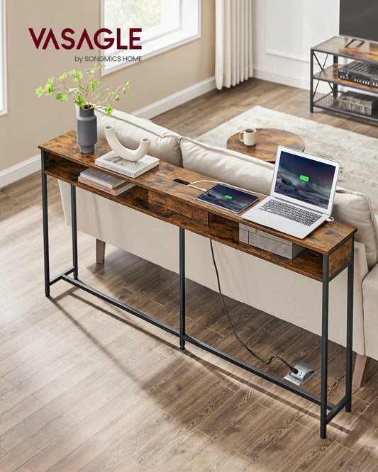 55.1" Console Table in Rustic Brown & Ink Black - Charging Station Included. Slim Design for Hallway, Behind - Couch or Entryway in Living Room