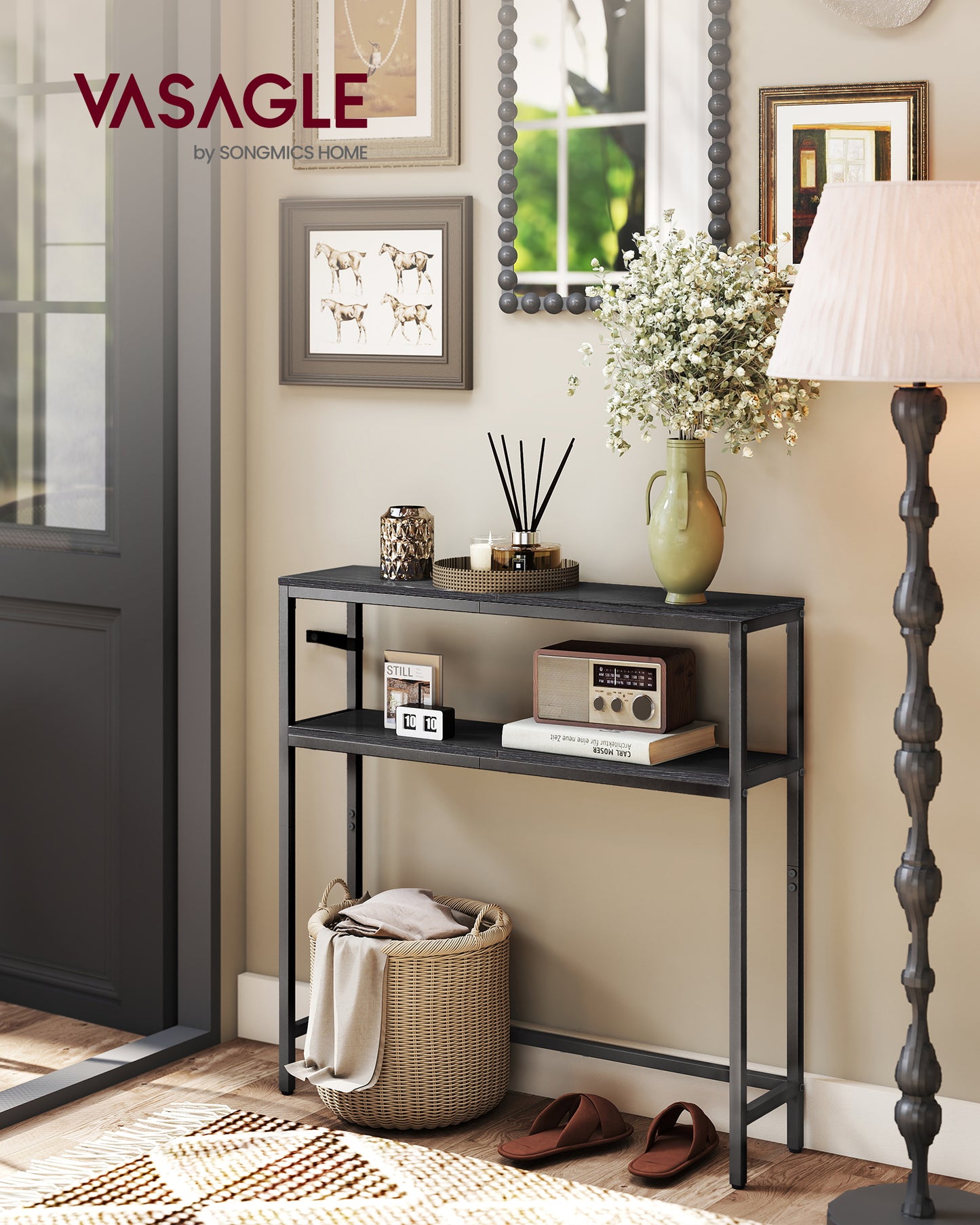 LEDREM Modern 2-Tier Console Table, Narrow Sofa Table with Dual Shelves, Entryway Table, Sturdy Steel Frame, Ink Black
