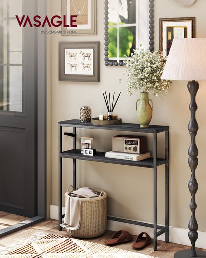 LEDREM Modern 2-Tier Console Table, Narrow Sofa Table with Dual Shelves, Entryway Table, Sturdy Steel Frame, Ink Black