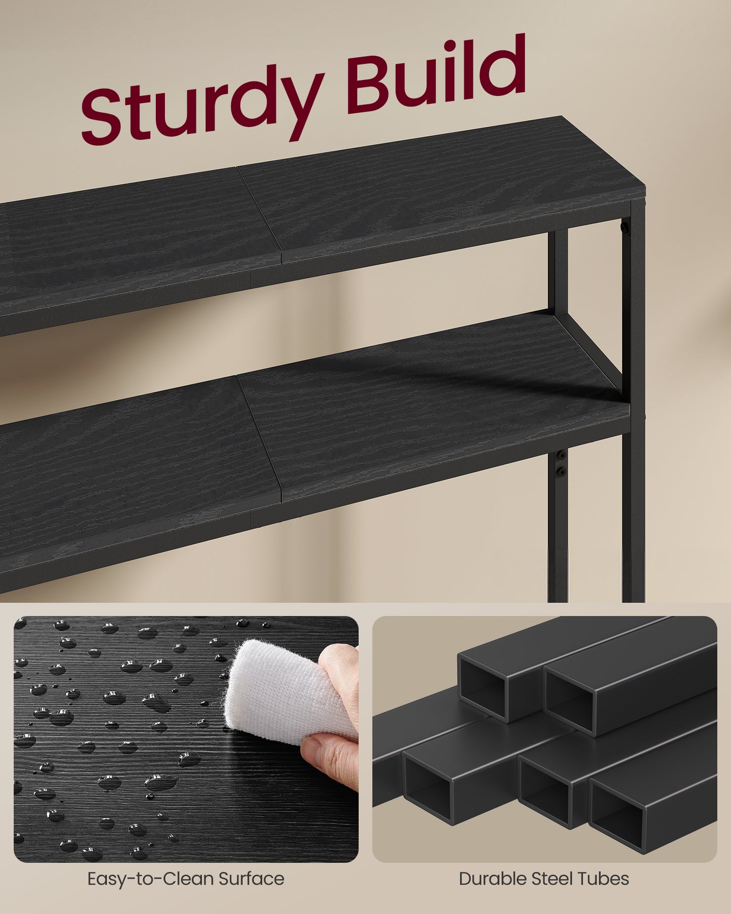 LEDREM Modern 2-Tier Console Table, Narrow Sofa Table with Dual Shelves, Entryway Table, Sturdy Steel Frame, Ink Black