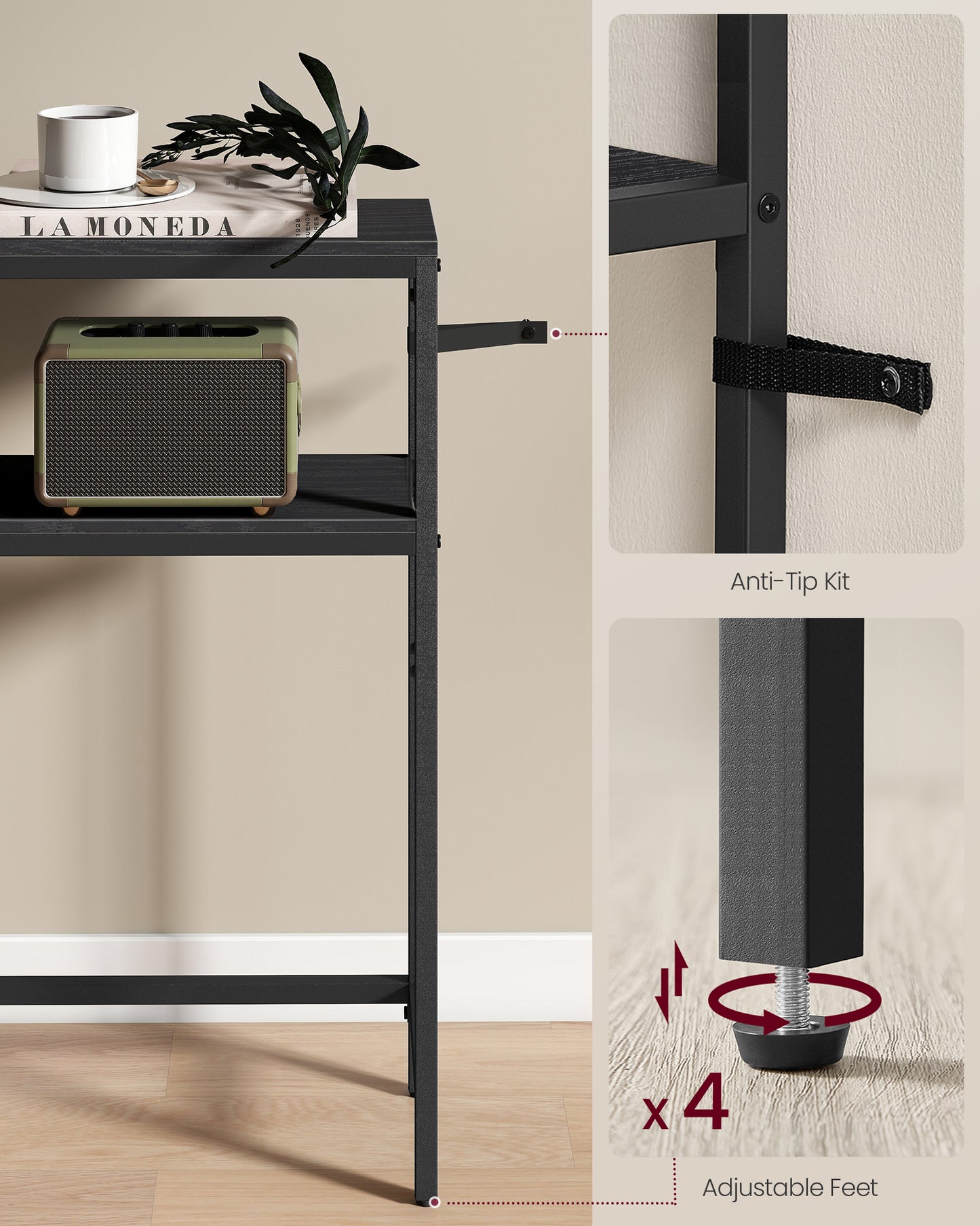 LEDREM Modern 2-Tier Console Table, Narrow Sofa Table with Dual Shelves, Entryway Table, Sturdy Steel Frame, Ink Black