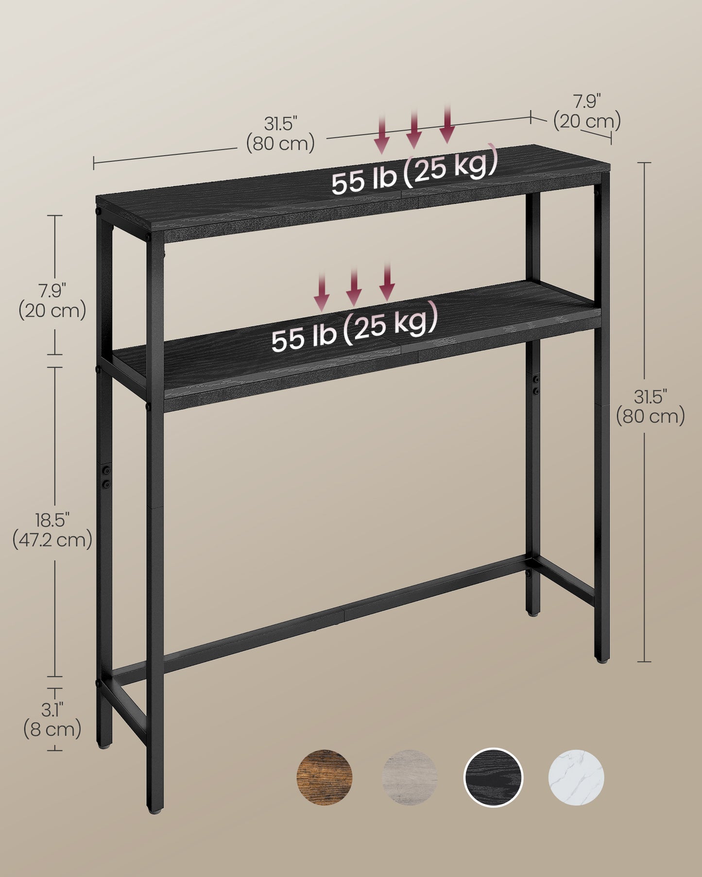 LEDREM Modern 2-Tier Console Table, Narrow Sofa Table with Dual Shelves, Entryway Table, Sturdy Steel Frame, Ink Black