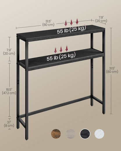 LEDREM Modern 2-Tier Console Table, Narrow Sofa Table with Dual Shelves, Entryway Table, Sturdy Steel Frame, Ink Black