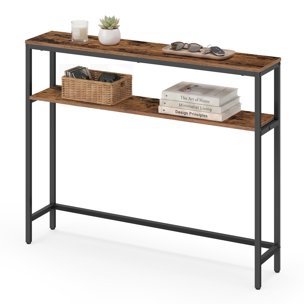 2-Tier Slim Console Table, 39.4" Narrow Entryway Table, Modern Sofa Table for Living Room, Bedroom, Rustic Brown and Black