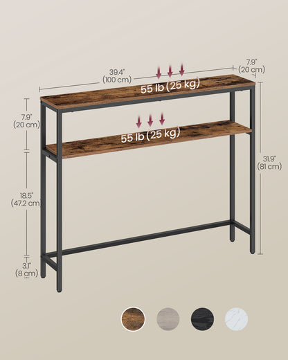 2-Tier Slim Console Table, 39.4" Narrow Entryway Table, Modern Sofa Table for Living Room, Bedroom, Rustic Brown and Black