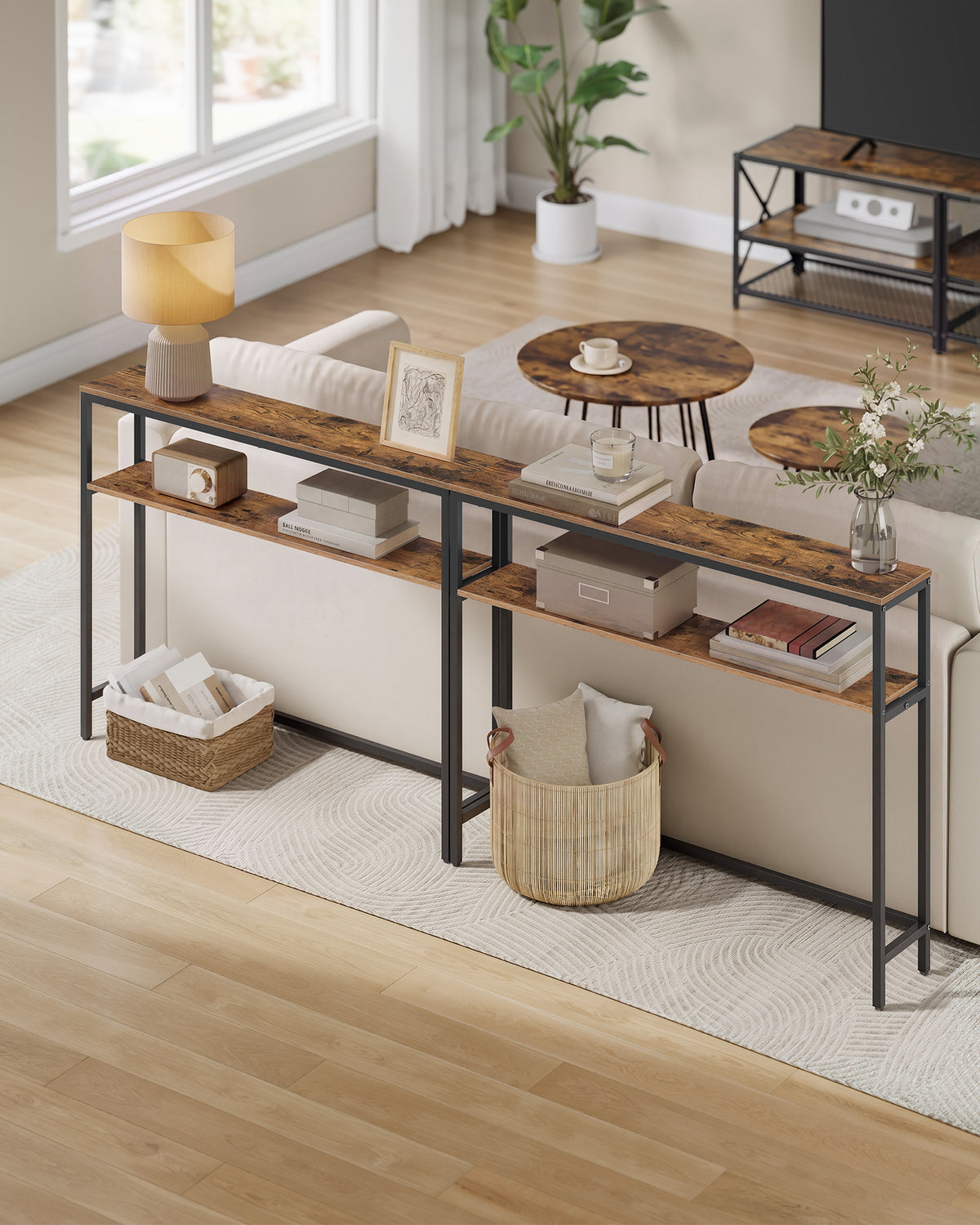 2-Tier Slim Console Table, 39.4" Narrow Entryway Table, Modern Sofa Table for Living Room, Bedroom, Rustic Brown and Black