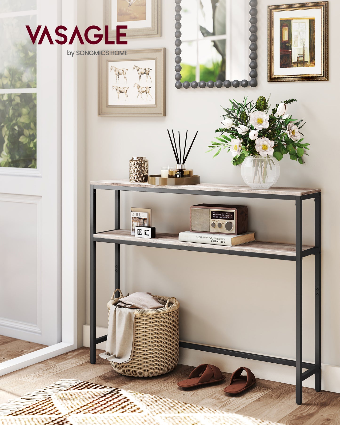 LEDREM Heather Greige and Ink Black Console Table. A 2 - Tier, 7.9 x 39.4 x 31.5 - Inch Narrow Entryway Table with 2 Shelves. Sofa Table