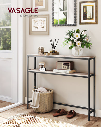 LEDREM Heather Greige and Ink Black Console Table. A 2 - Tier, 7.9 x 39.4 x 31.5 - Inch Narrow Entryway Table with 2 Shelves. Sofa Table
