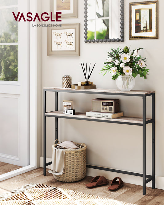 LEDREM Heather Greige and Ink Black Console Table. A 2 - Tier, 7.9 x 39.4 x 31.5 - Inch Narrow Entryway Table with 2 Shelves. Sofa Table