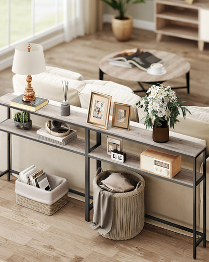 LEDREM Heather Greige and Ink Black Console Table. A 2 - Tier, 7.9 x 39.4 x 31.5 - Inch Narrow Entryway Table with 2 Shelves. Sofa Table