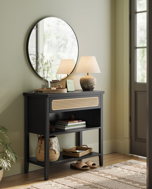 Console Table with Power Outlets, Entryway Table with Storage Shelf, Sofa Table with Drawer, Open Compartment, Rounded Corners, for Living Room, Boho Style, Ash Black