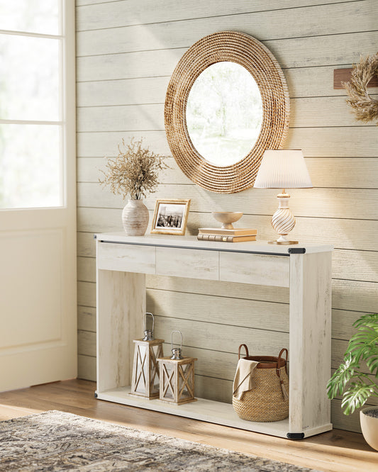 Console Table, 47.2 Inches Sofa Table, Narrow Entryway Table, Entry Table with 3 Drawers, Bottom Shelf, Metal Corners, for Living Room, Bedroom, Farmhouse Style, Rustic White