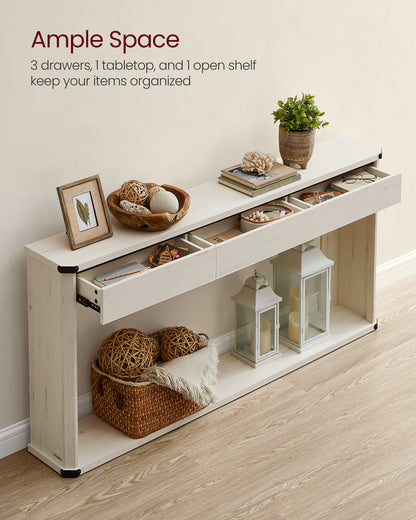 Console Table, 47.2 Inches Sofa Table, Narrow Entryway Table, Entry Table with 3 Drawers, Bottom Shelf, Metal Corners, for Living Room, Bedroom, Farmhouse Style, Rustic White
