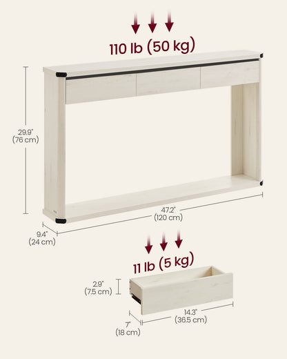 Console Table, 47.2 Inches Sofa Table, Narrow Entryway Table, Entry Table with 3 Drawers, Bottom Shelf, Metal Corners, for Living Room, Bedroom, Farmhouse Style, Rustic White