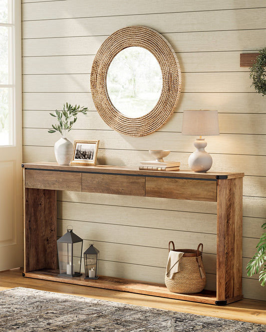 Console Table, 63 Inches Sofa Table, Narrow Entryway Table, Entry Table with 3 Drawers, Bottom Shelf, Metal Corners, for Living Room, Bedroom, Farmhouse Style, Honey Brown