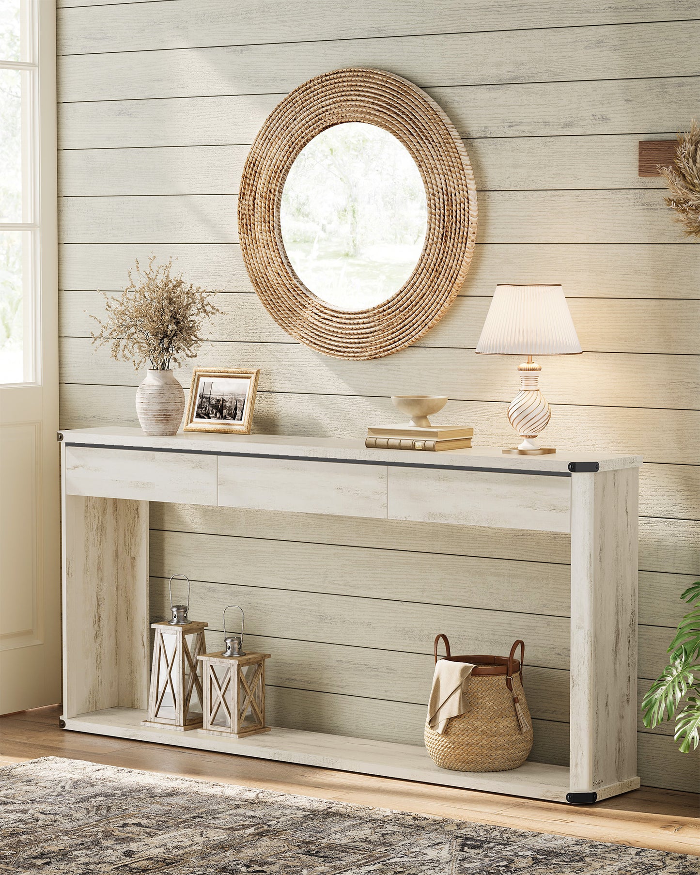 Console Table, 63 Inches Sofa Table, Narrow Entryway Table, Entry Table with 3 Drawers, Bottom Shelf, Metal Corners, for Living Room, Bedroom, Farmhouse Style, Rustic White