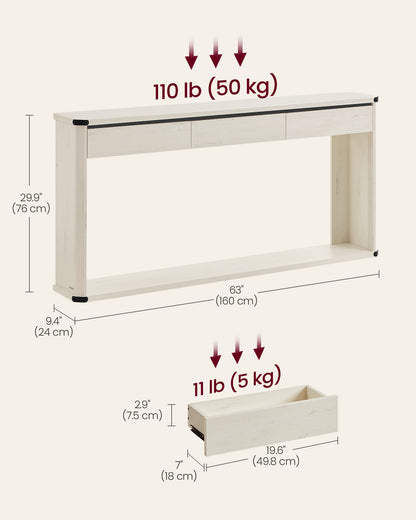 Console Table, 63 Inches Sofa Table, Narrow Entryway Table, Entry Table with 3 Drawers, Bottom Shelf, Metal Corners, for Living Room, Bedroom, Farmhouse Style, Rustic White