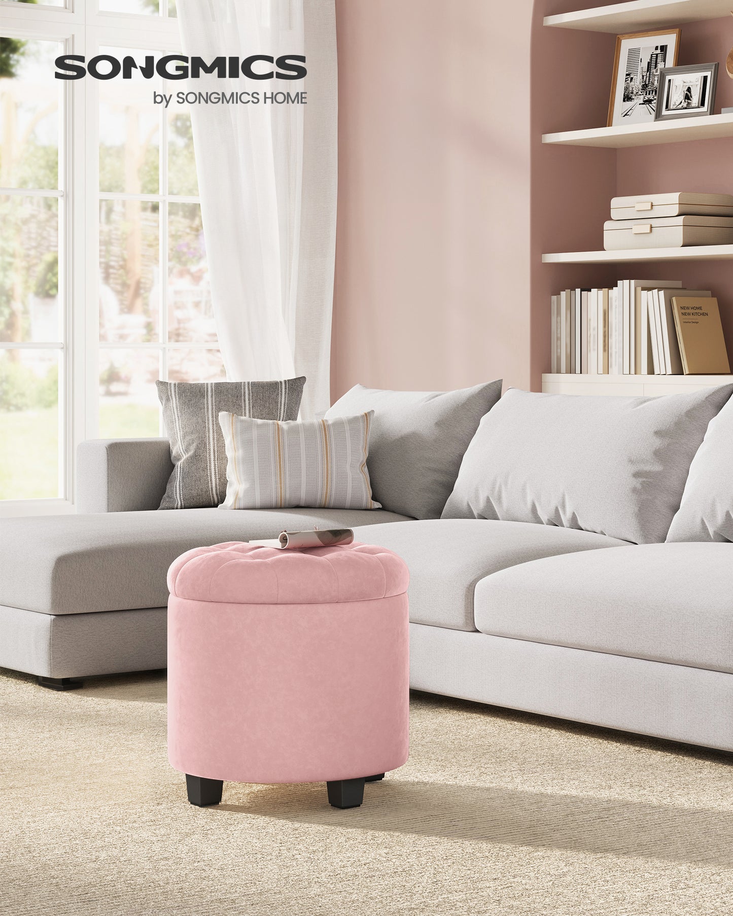 Round Velvet Ottoman with Storage - 17.7" Foot Rest Stool with Legs, 330 lb Capacity, for Living Room/Bedroom, Jelly Pink