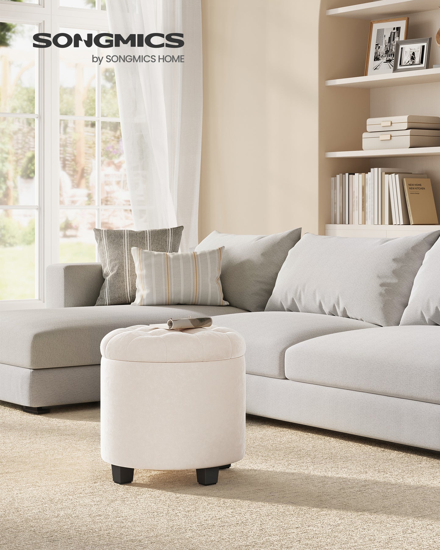 Round Velvet Ottoman with Storage - 17.7" Foot Rest Stool with Legs, 330 lb Capacity, for Living Room/Bedroom, Cream White