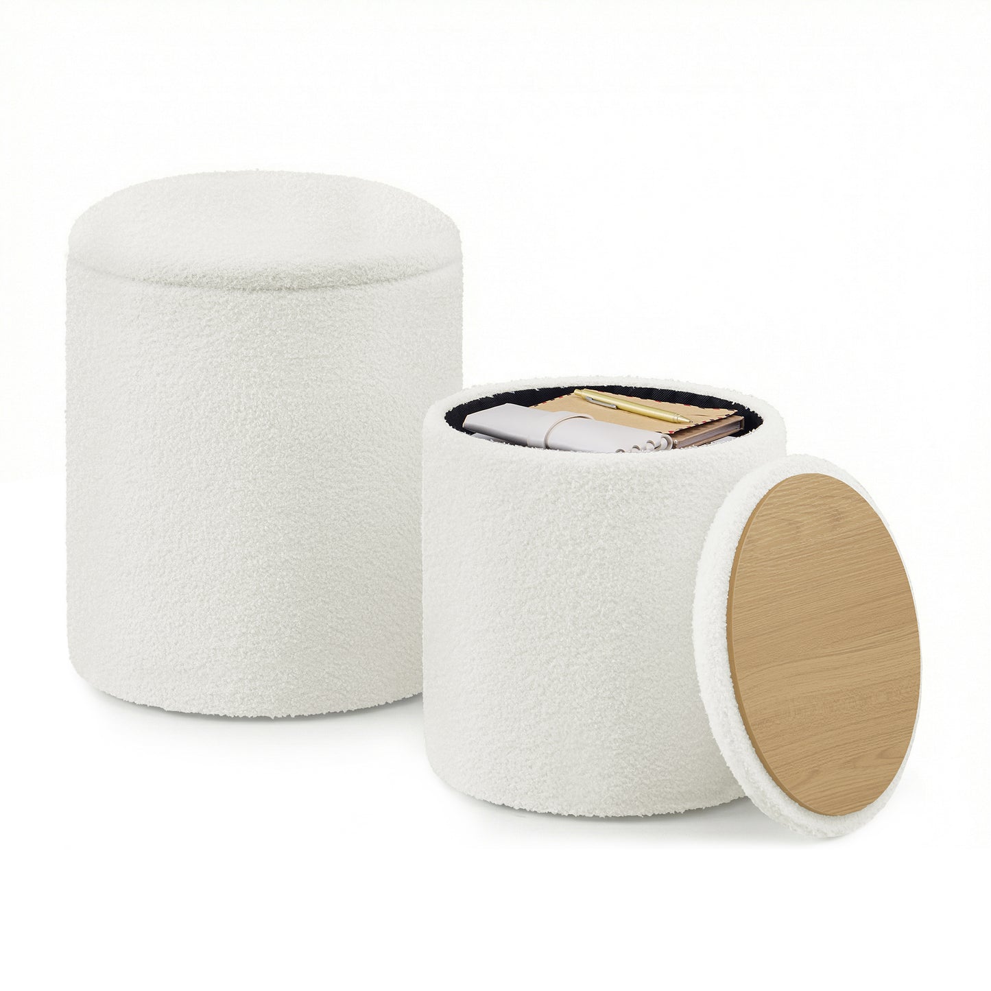 SONGMICS Vanity Stool, Set of 2, Round Storage Ottoman, Small Coffee Table, Foot Stool, Removable Lid, Easy Assembly, Teddy Fleece, Cream White