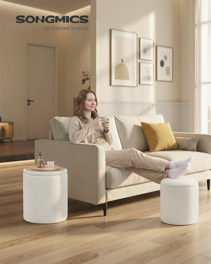 SONGMICS Vanity Stool, Set of 2, Round Storage Ottoman, Small Coffee Table, Foot Stool, Removable Lid, Easy Assembly, Teddy Fleece, Cream White