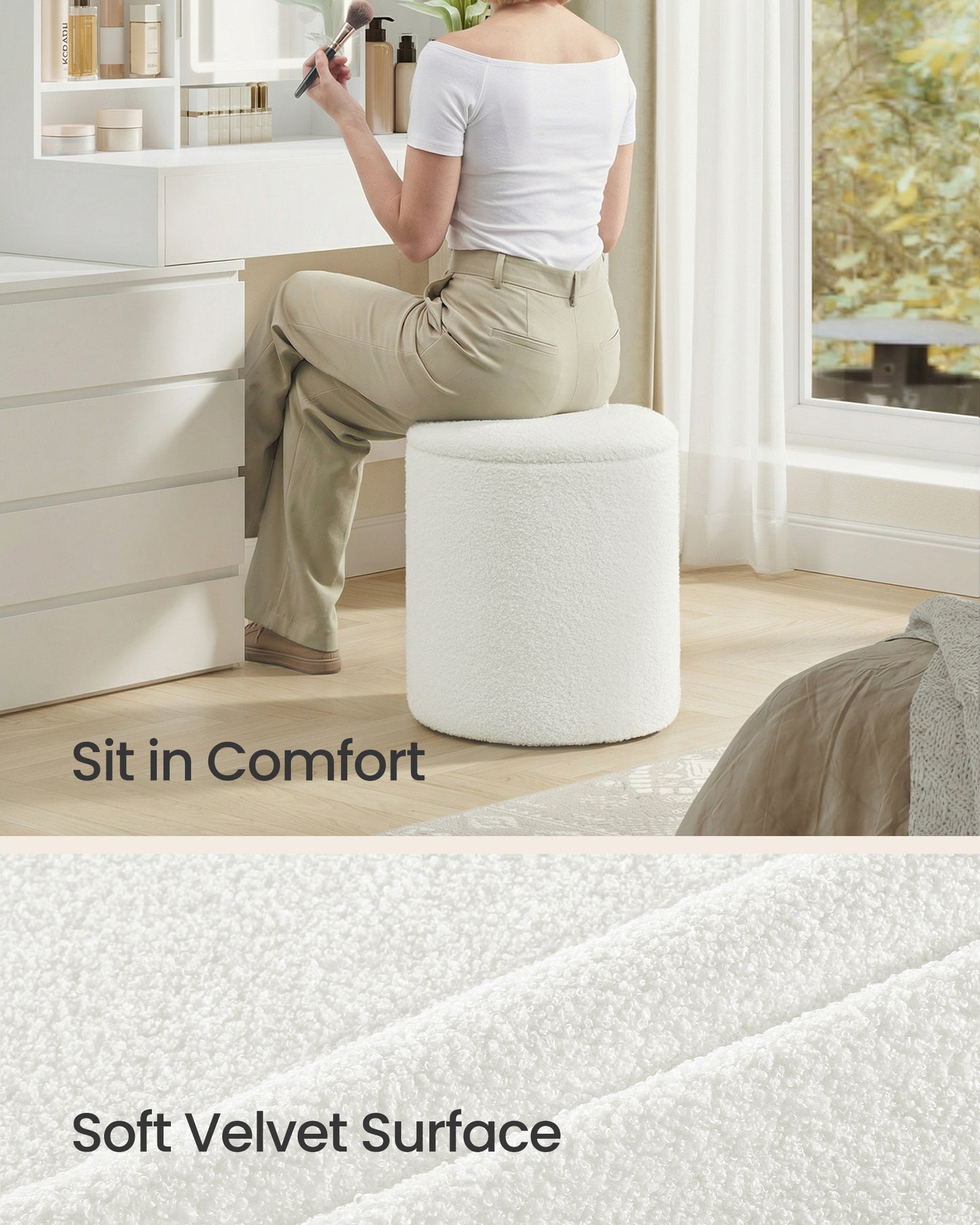 SONGMICS Vanity Stool, Set of 2, Round Storage Ottoman, Small Coffee Table, Foot Stool, Removable Lid, Easy Assembly, Teddy Fleece, Cream White