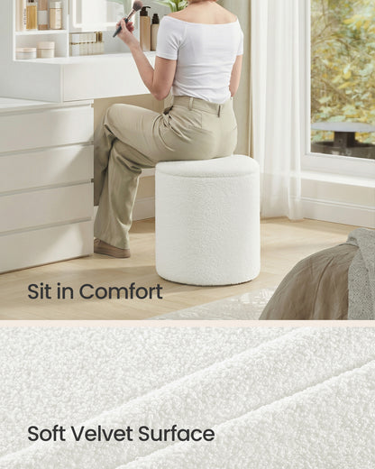SONGMICS Vanity Stool, Set of 2, Round Storage Ottoman, Small Coffee Table, Foot Stool, Removable Lid, Easy Assembly, Teddy Fleece, Cream White