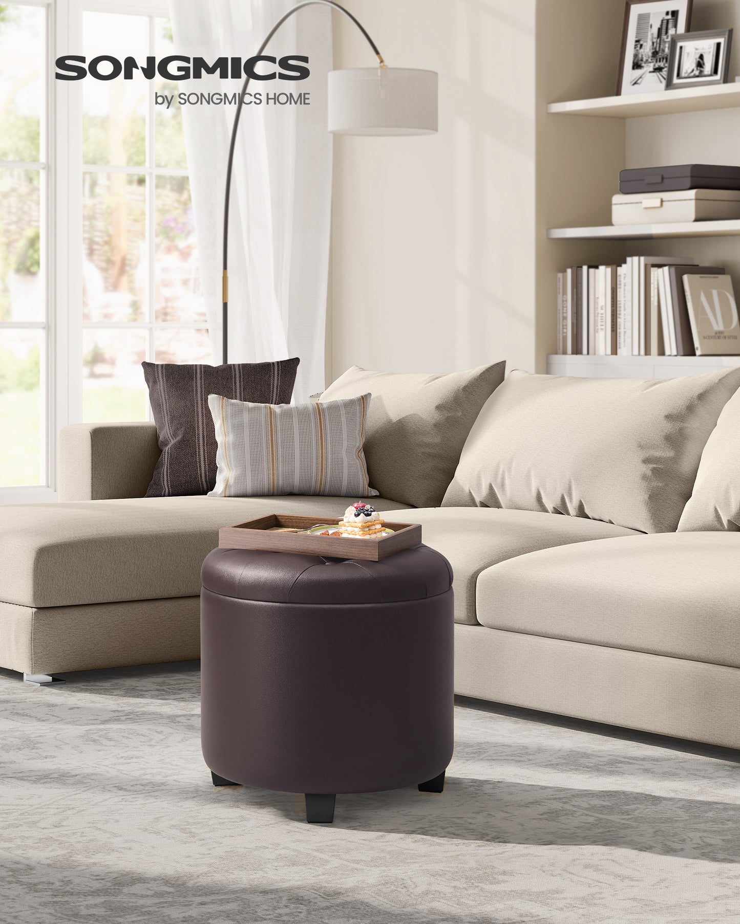 Round Storage Ottoman with 330 lb Capacity, 17.7 Inch Synthetic Leather Footrest Stool for Living Room, Chestnut Brown