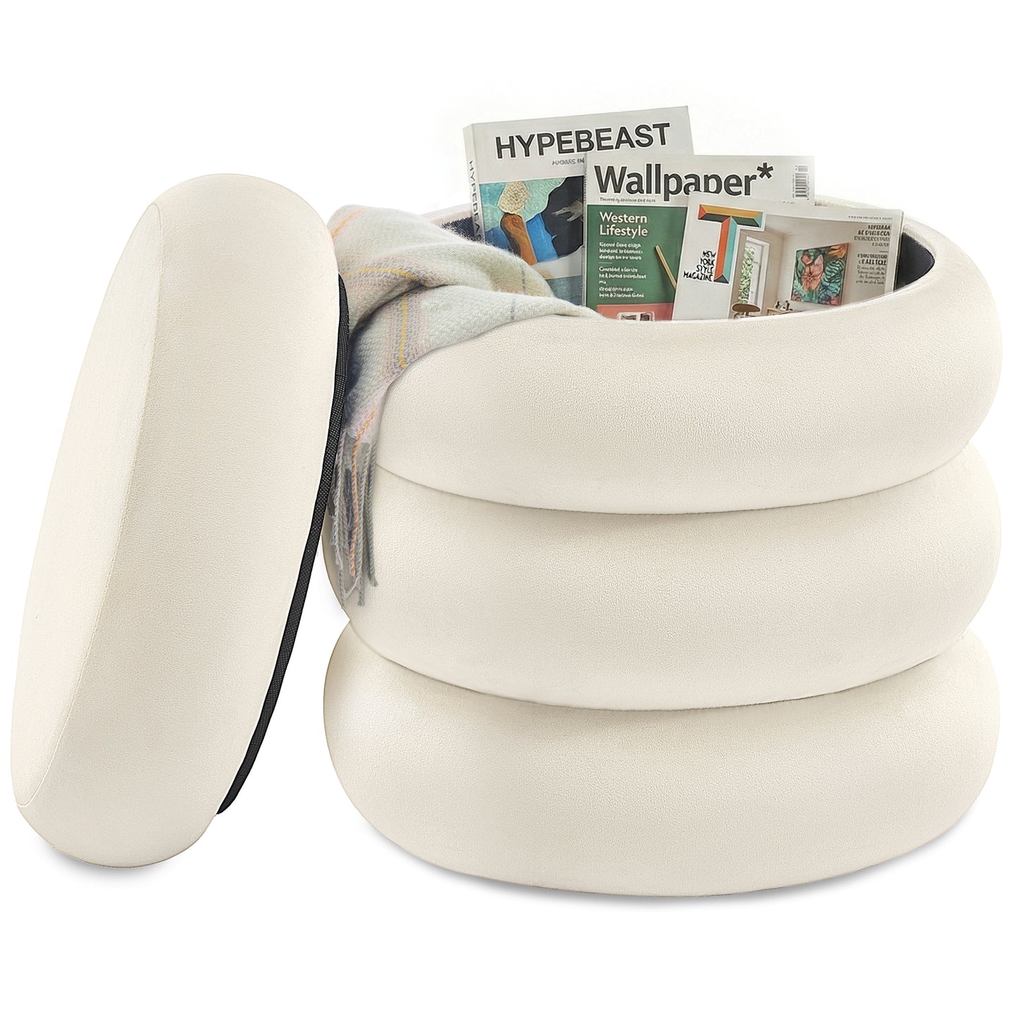 SONGMICS Vanity Stool, Round Ottoman with Storage, Upholstered Foot Stool, Removable Lid, Easy Assembly, Velvet Fabric, Cream White