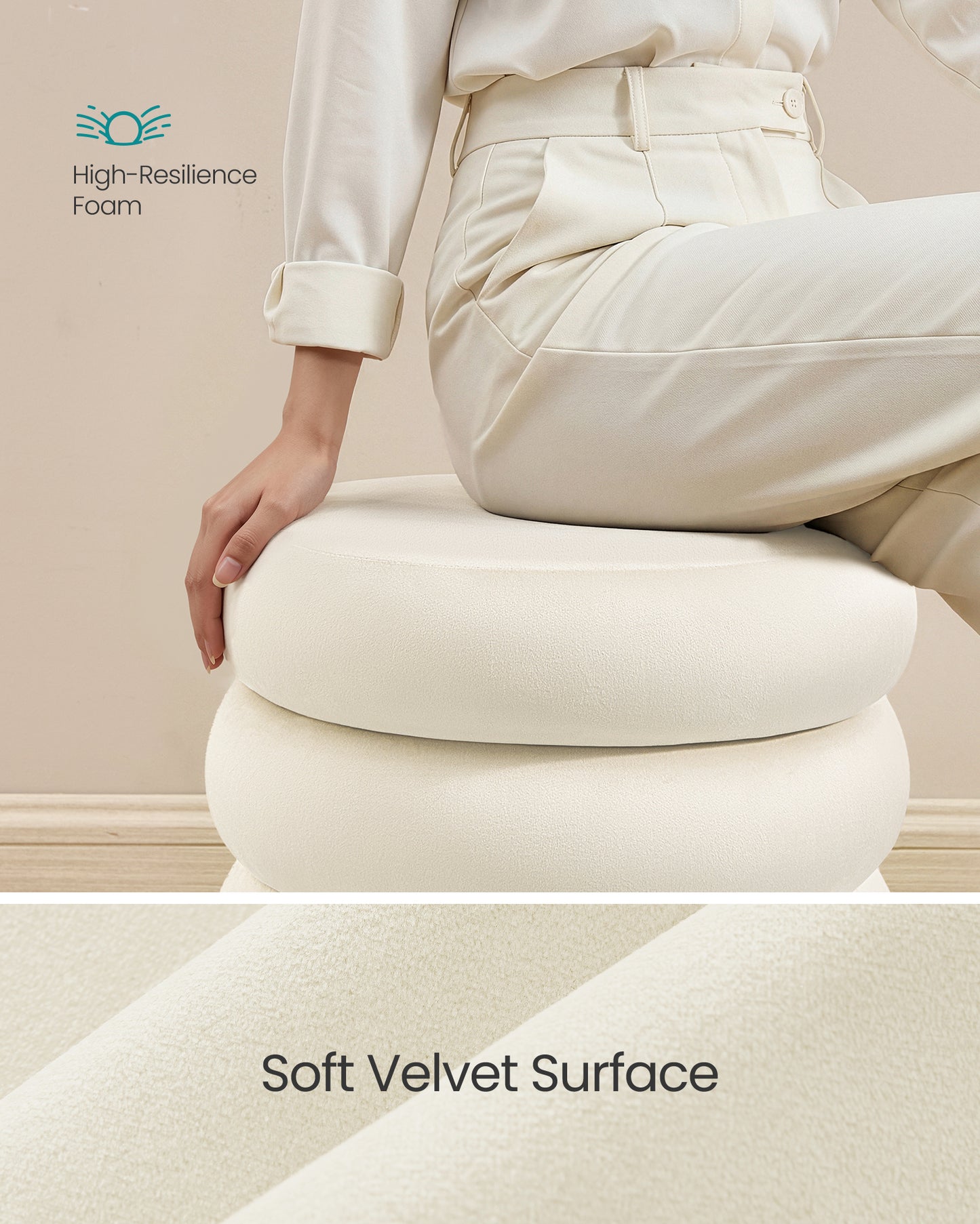 SONGMICS Vanity Stool, Round Ottoman with Storage, Upholstered Foot Stool, Removable Lid, Easy Assembly, Velvet Fabric, Cream White