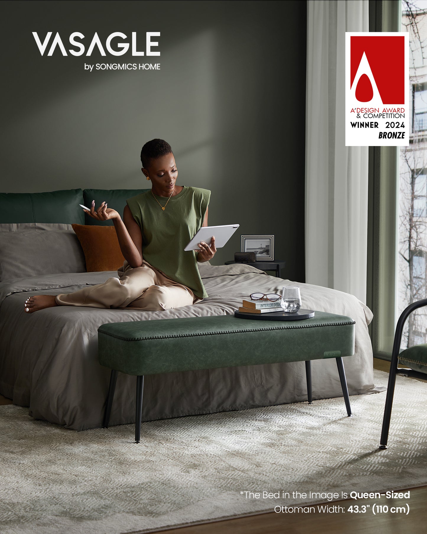 VASAGLE EKHO Collection - Bench for Entryway Bedroom Ottoman Bench Synthetic Leather for Living Room Forest Green