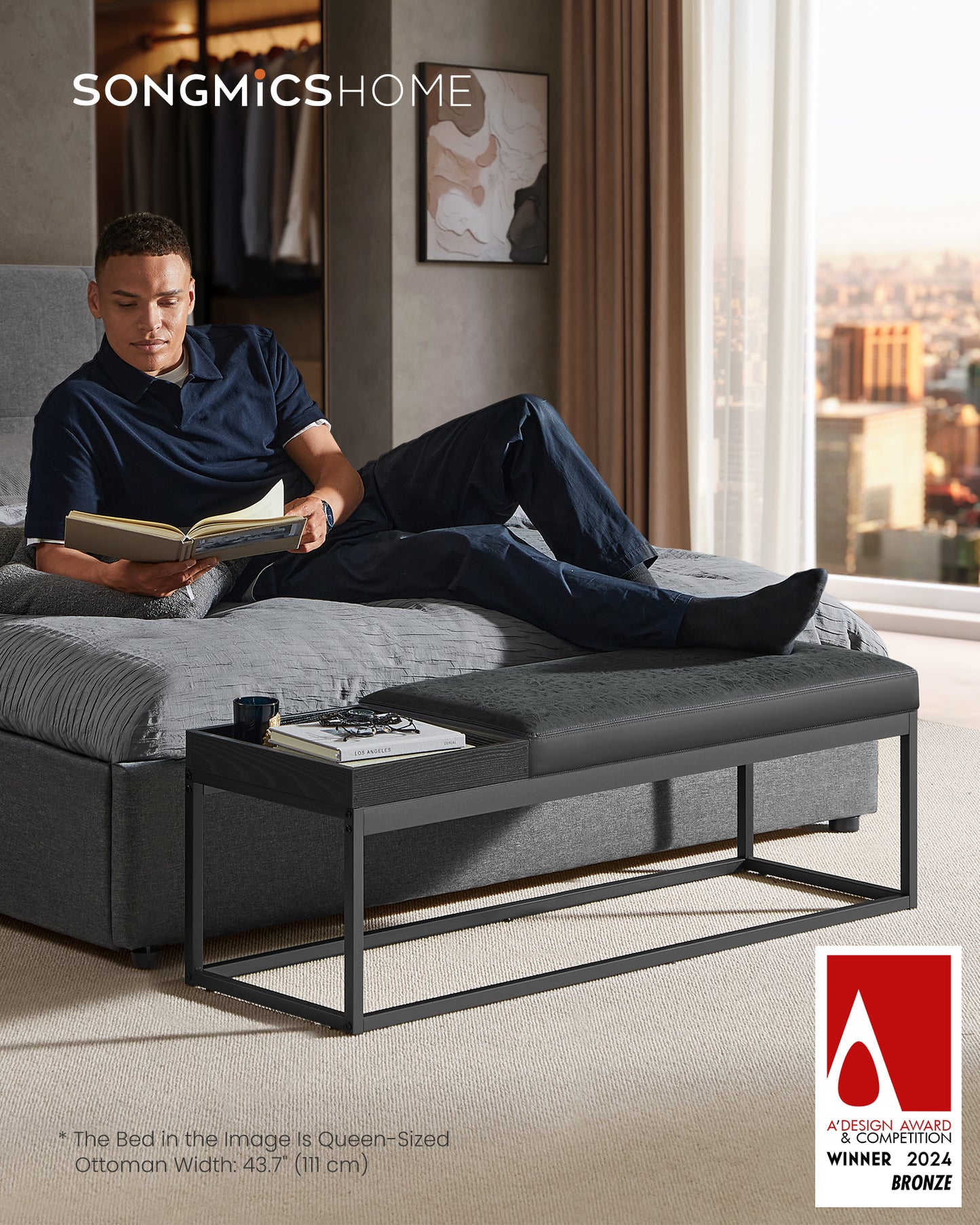 SONGMICS HOME LUIZ Collection - Ottoman Bench, End of Bed Bench, Reversible Top, Shoe Bench with Tray, Minimalist, Ink Black