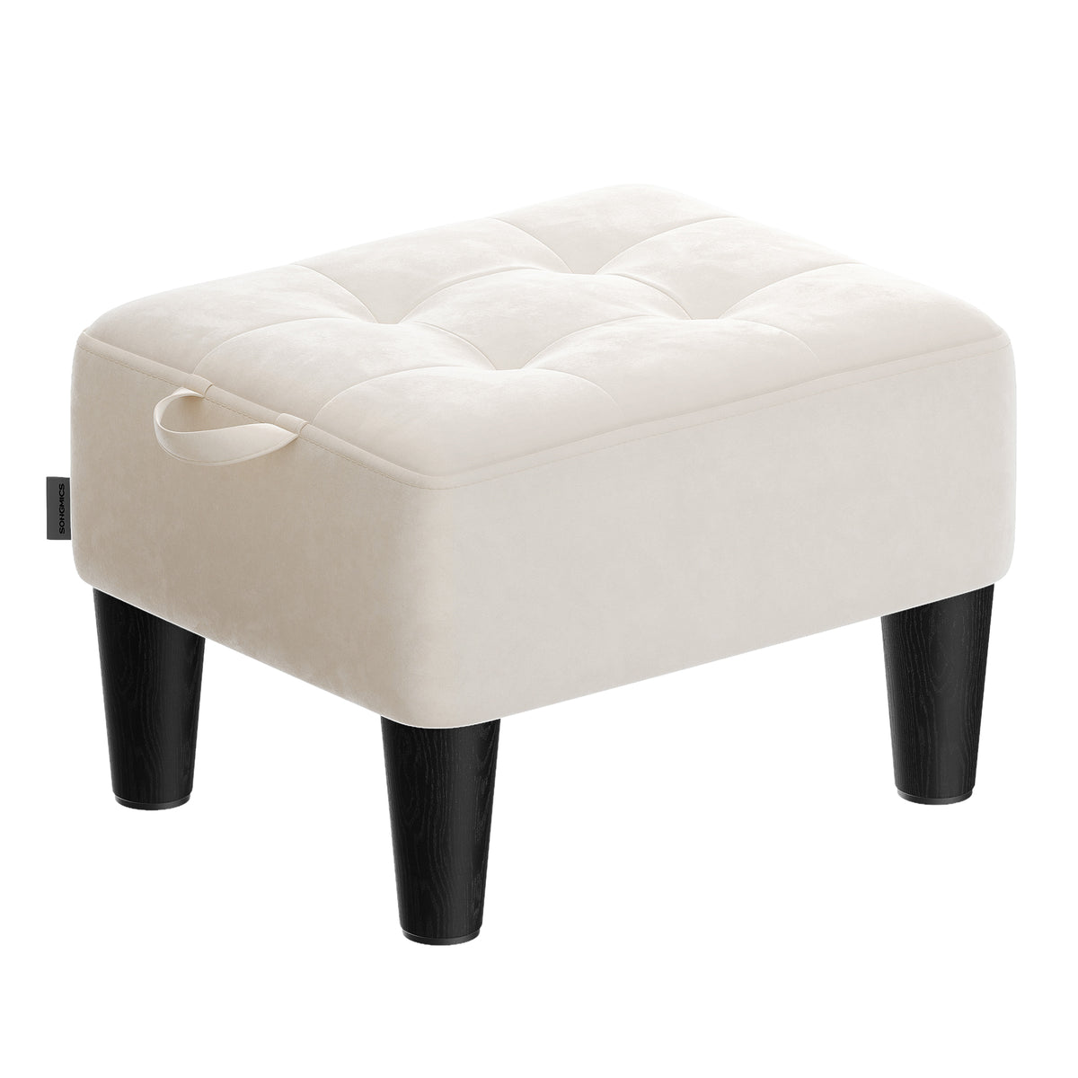 LEDREM Small Velvet Ottoman Foot Stool with Angled Legs, Thick Foam Cushion, Hidden Storage & Carry Handle, for Living Room, Bedroom, Cream White