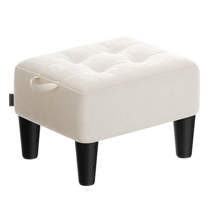 LEDREM Small Velvet Ottoman Foot Stool with Angled Legs, Thick Foam Cushion, Hidden Storage & Carry Handle, for Living Room, Bedroom, Cream White