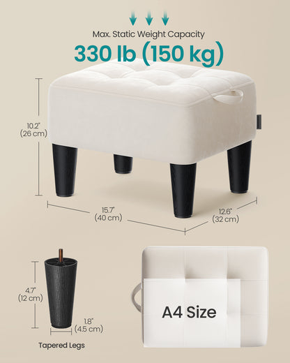 LEDREM Small Velvet Ottoman Foot Stool with Angled Legs, Thick Foam Cushion, Hidden Storage & Carry Handle, for Living Room, Bedroom, Cream White
