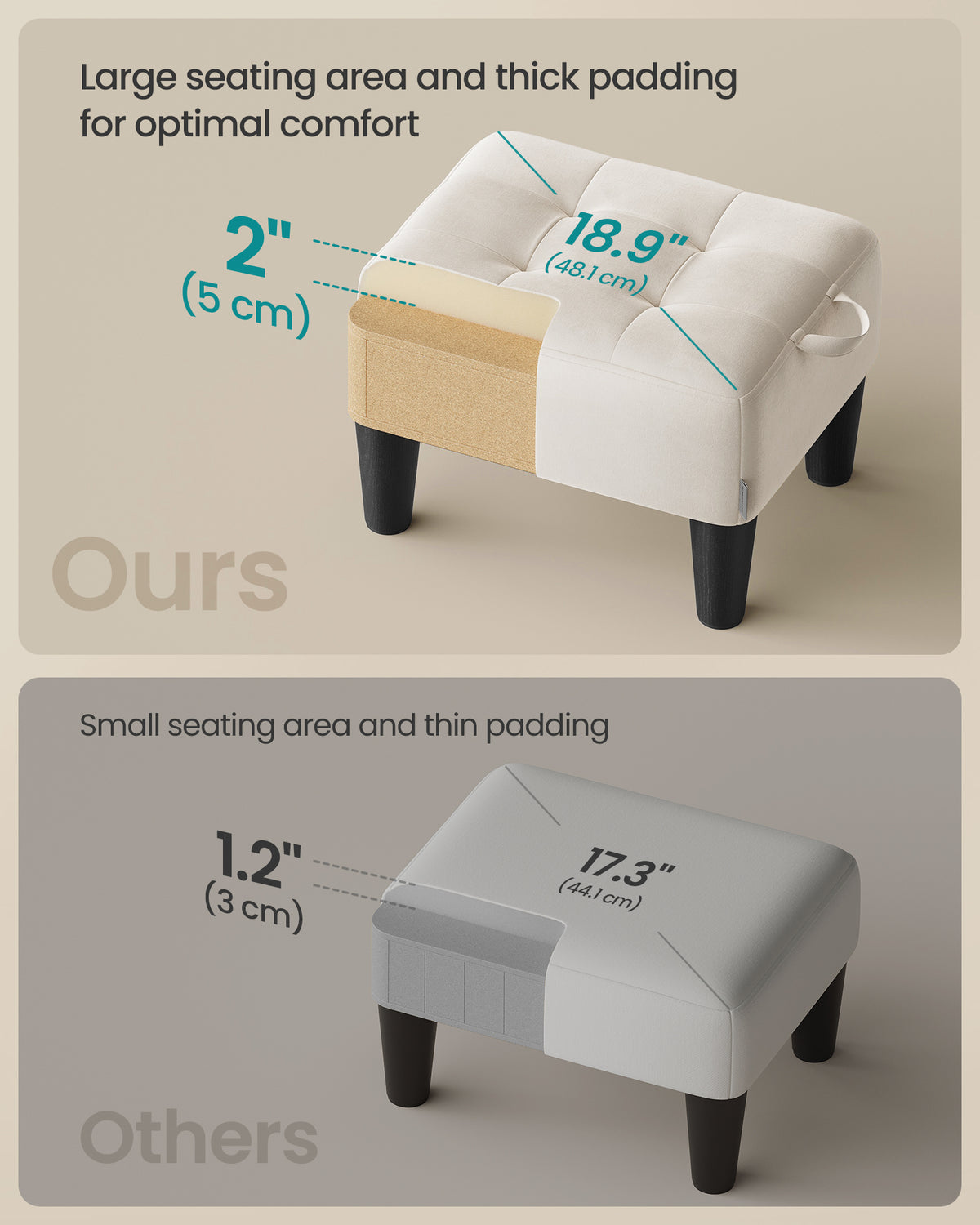 LEDREM Small Velvet Ottoman Foot Stool with Angled Legs, Thick Foam Cushion, Hidden Storage & Carry Handle, for Living Room, Bedroom, Cream White