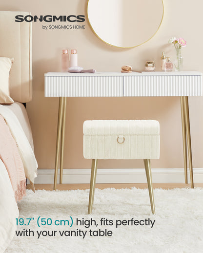 SONGMICS Vanity Stool Chair with Storage, Makeup Stool, Footrest Footstool Ottoman, Metal Legs, Adjustable Feet, Cream White