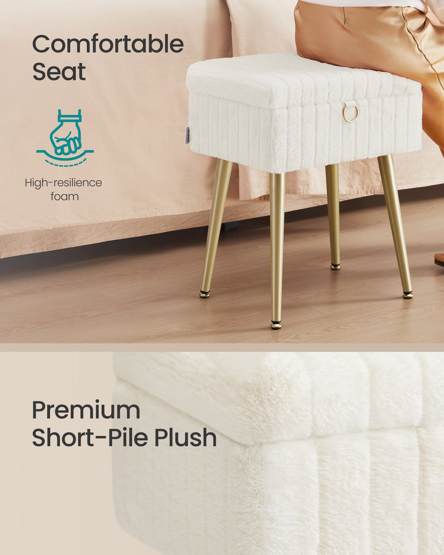 SONGMICS Vanity Stool Chair with Storage, Makeup Stool, Footrest Footstool Ottoman, Metal Legs, Adjustable Feet, Cream White
