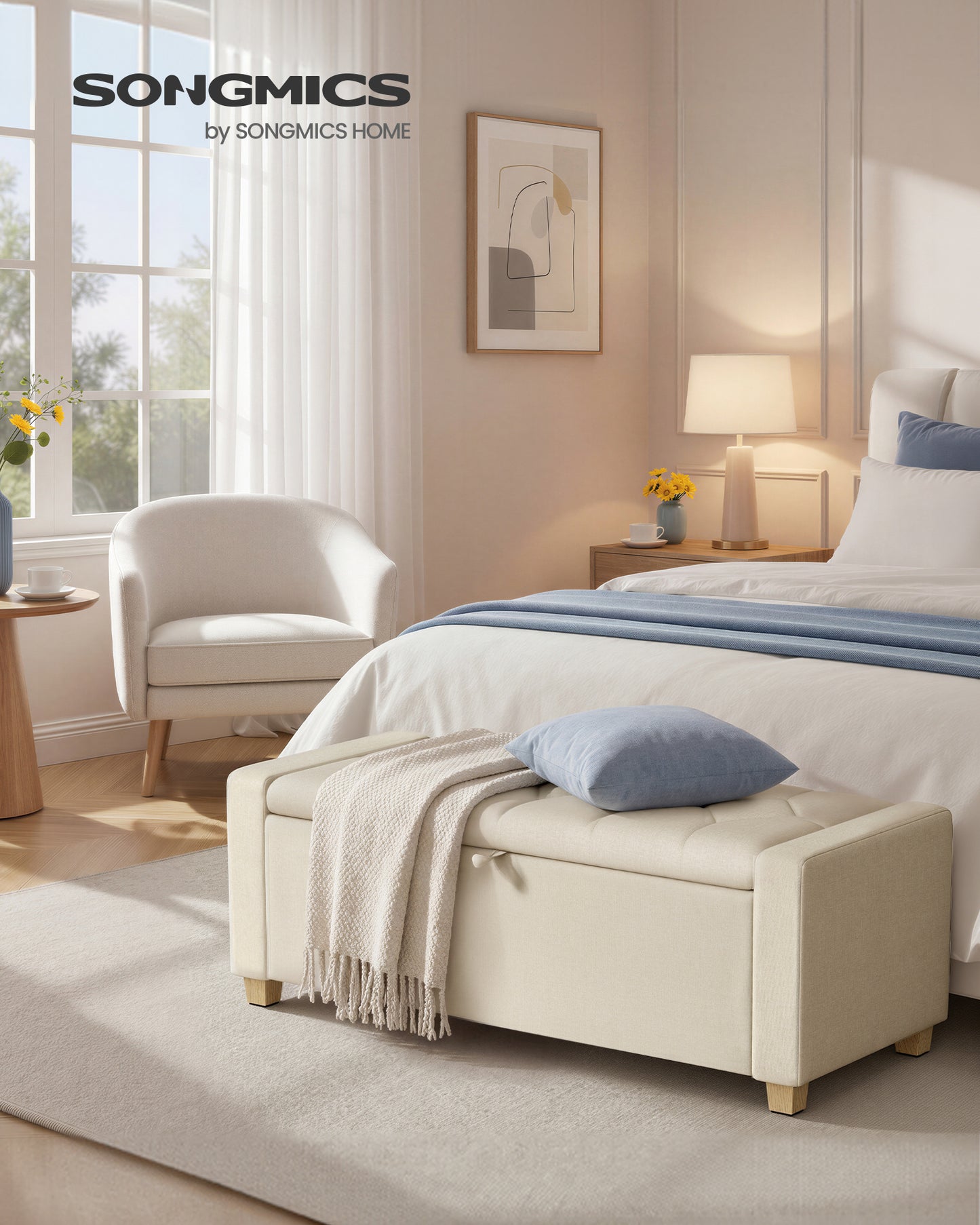 SONGMICS Storage Ottoman, Storage Chest Bench with Legs, End of Bed Bench with Safety Hinges, Pull Tab, Linen-Look Fabric, Summer Sand